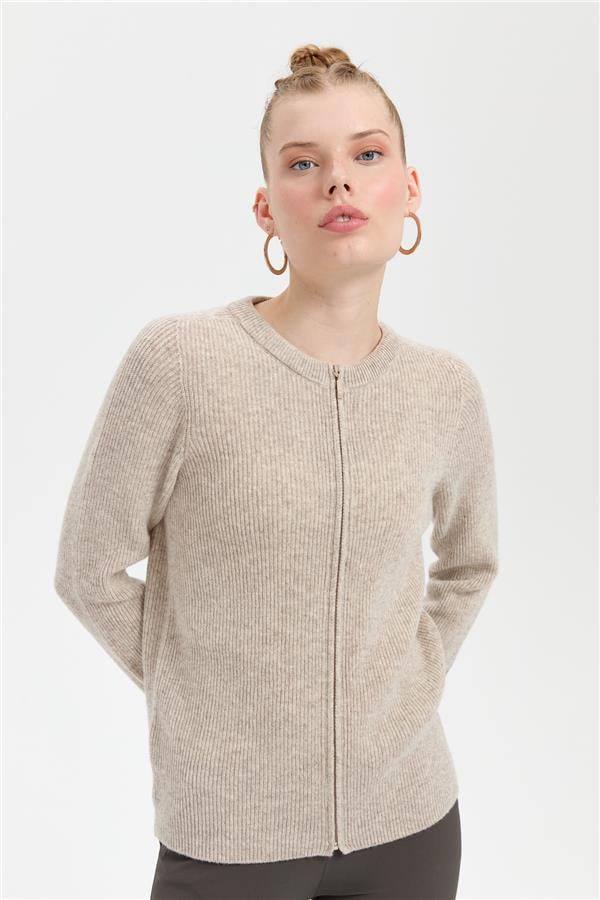 Kadın Sıfır Yaka Dikişsiz Fermuarlı Yün Hırka V.Bej