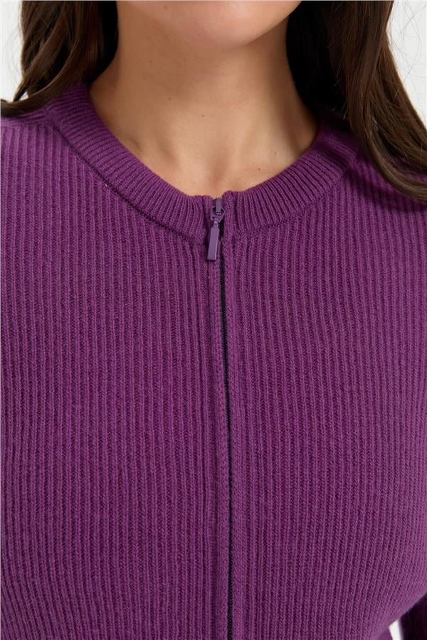 Kadın Sıfır Yaka Dikişsiz Fermuarlı Yün Hırka A.Mor