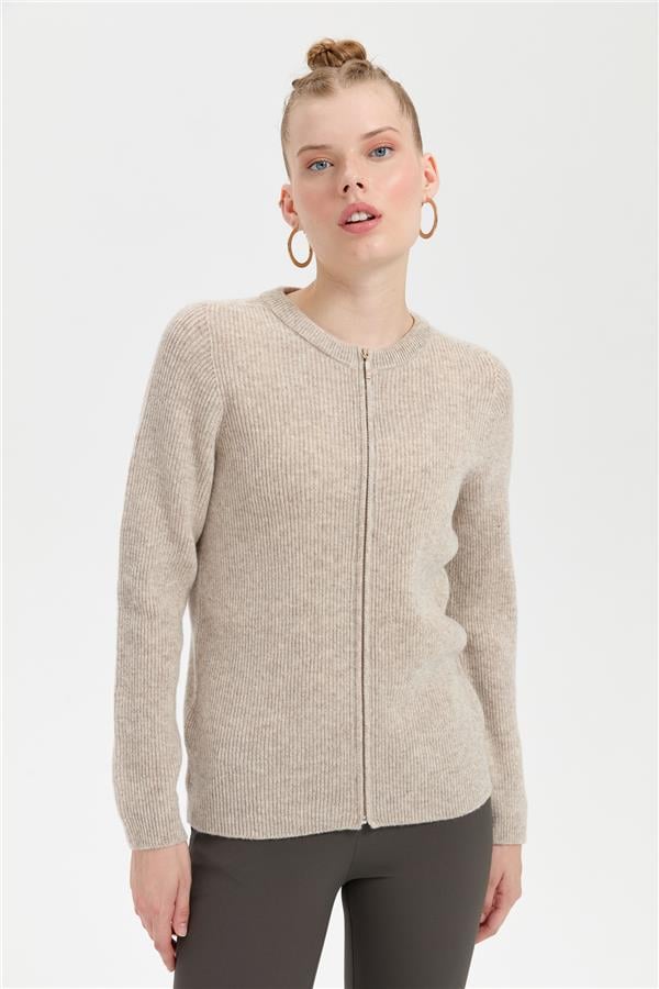 Kadın Sıfır Yaka Dikişsiz Fermuarlı Yün Hırka V.Bej