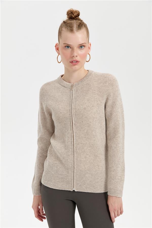 Kadın Sıfır Yaka Dikişsiz Fermuarlı Yün Hırka V.Bej
