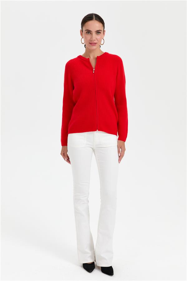 Kadın Sıfır Yaka Dikişsiz Fermuarlı Yün Hırka Mercan