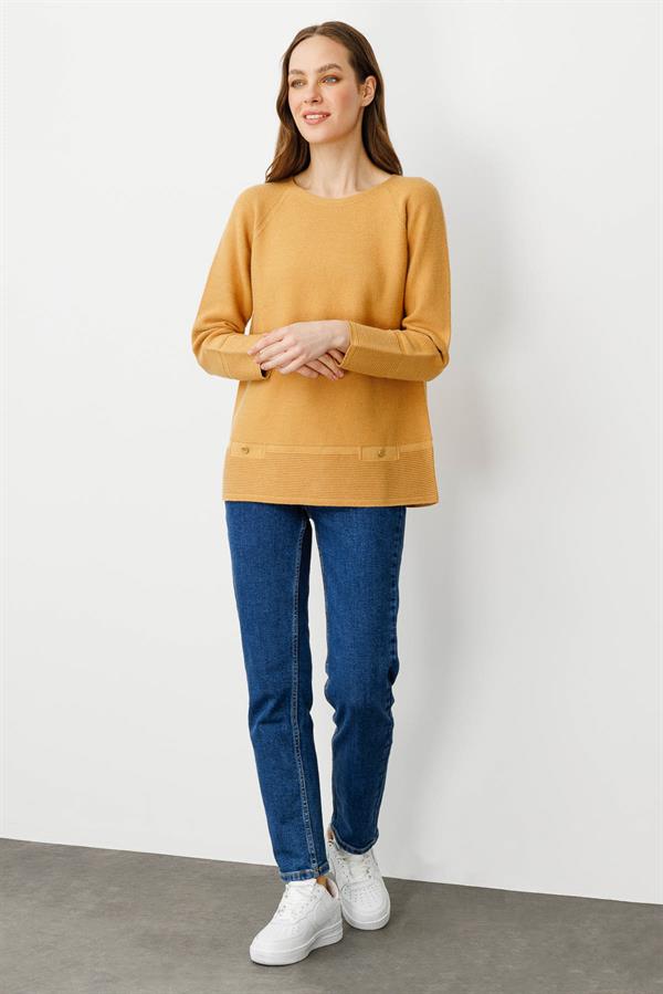 Kadın Sıfır Yaka Dikişsiz Sahte Cepli Kazak Camel