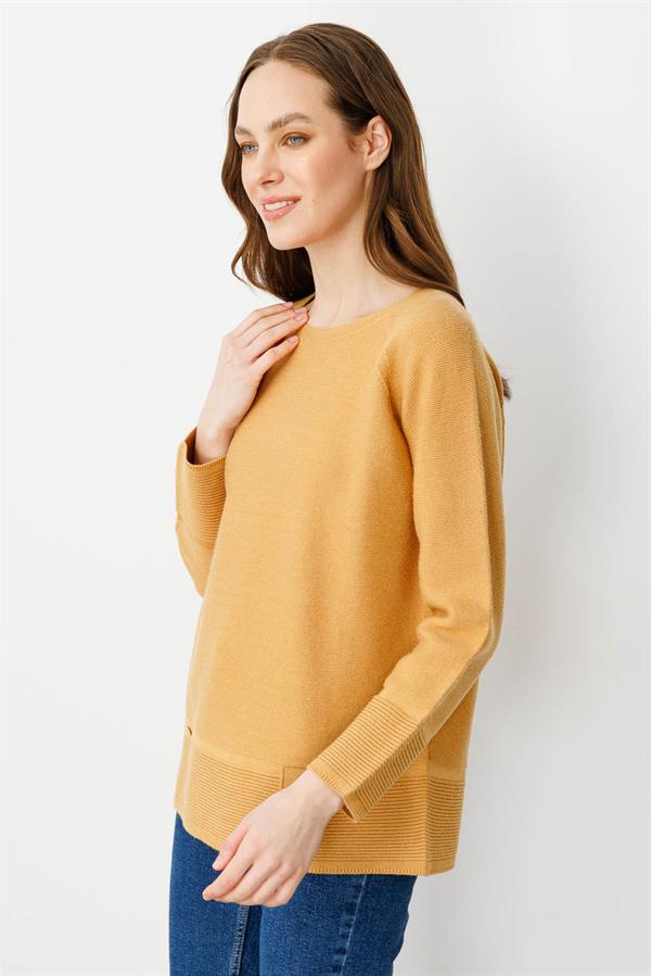 Kadın Sıfır Yaka Dikişsiz Sahte Cepli Kazak Camel