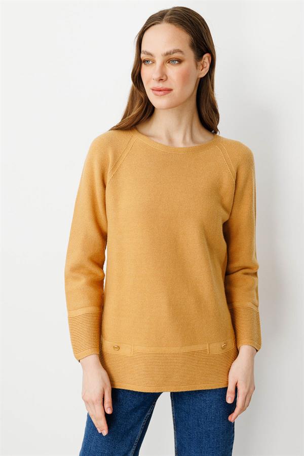 Kadın Sıfır Yaka Dikişsiz Sahte Cepli Kazak Camel