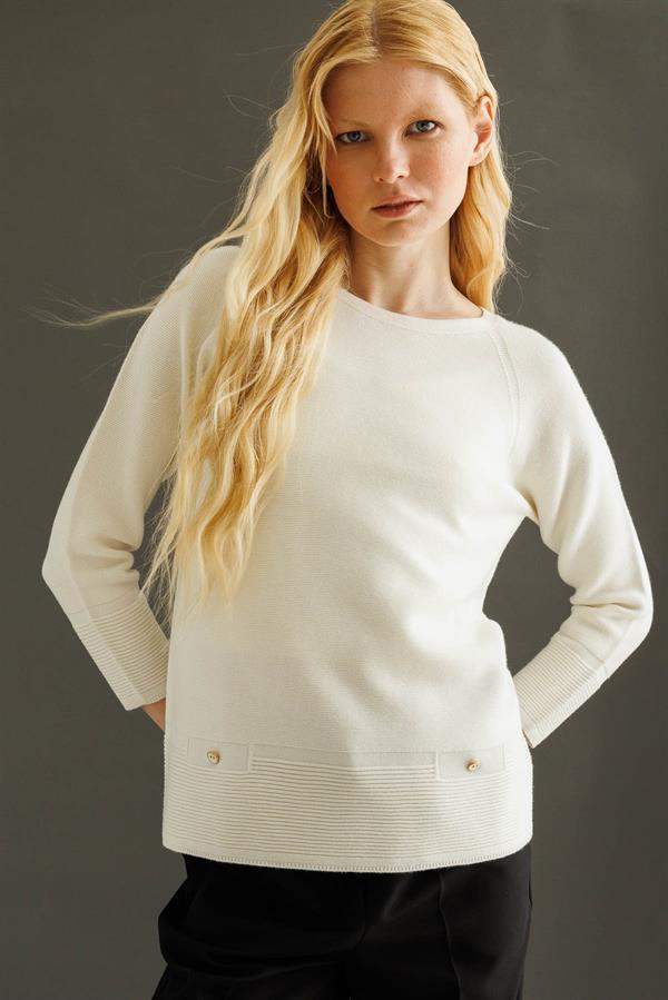 Kadın Sıfır Yaka Dikişsiz Sahte Cepli Kazak Kemik