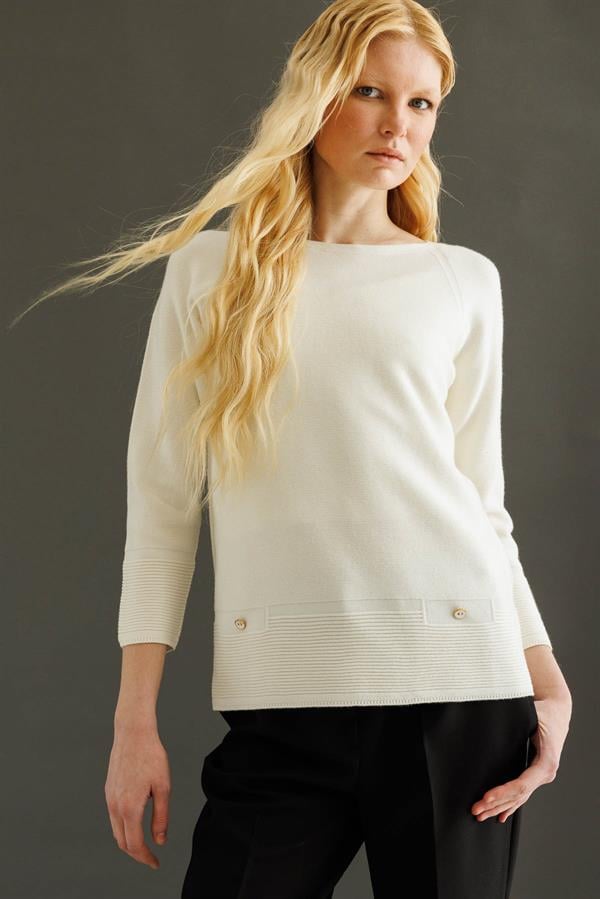 Kadın Sıfır Yaka Dikişsiz Sahte Cepli Kazak Kemik