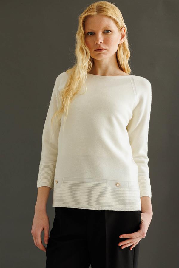 Kadın Sıfır Yaka Dikişsiz Sahte Cepli Kazak Kemik