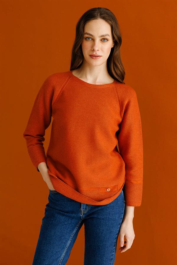 Kadın Sıfır Yaka Dikişsiz Sahte Cepli Kazak Turuncu