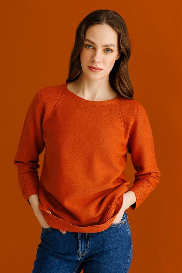 Kadın Sıfır Yaka Dikişsiz Sahte Cepli Kazak Turuncu