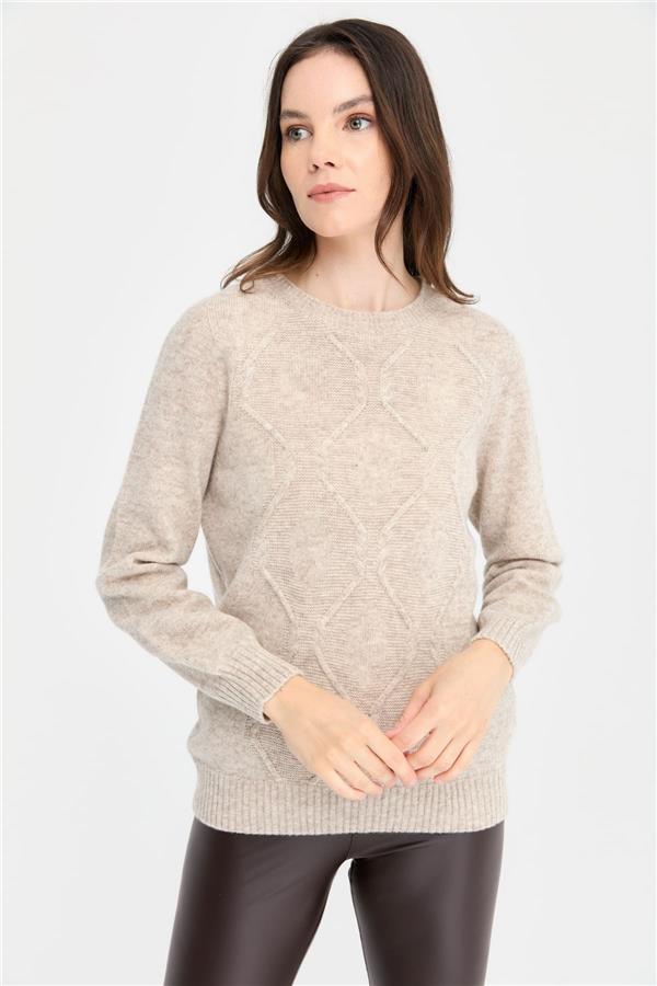 Kadın Sıfır Yaka Dikişsiz Önü Baklavalı Yün Kazak V.Bej