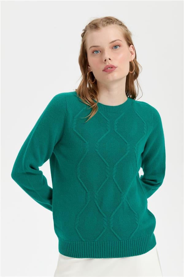 Kadın Sıfır Yaka Dikişsiz Önü Baklavalı Yün Kazak A.Ö.Başı