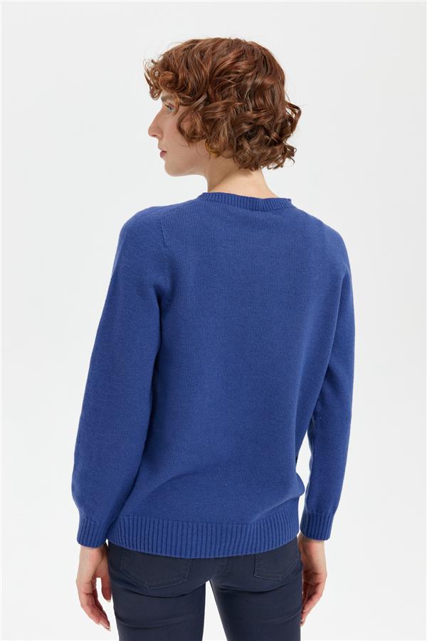 Kadın Sıfır Yaka Dikişsiz Önü Baklavalı Yün Kazak Mavi