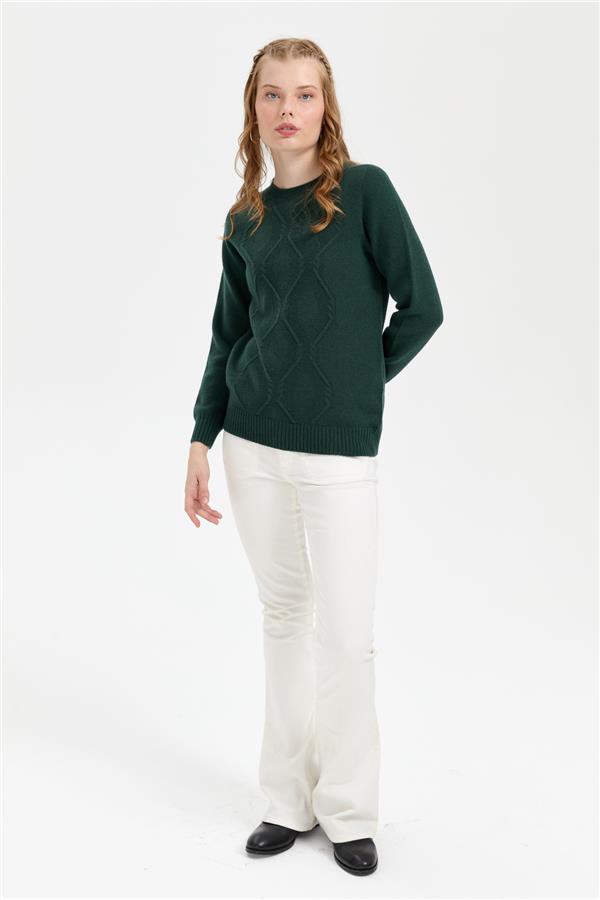 Kadın Sıfır Yaka Dikişsiz Önü Baklavalı Yün Kazak Yeşil