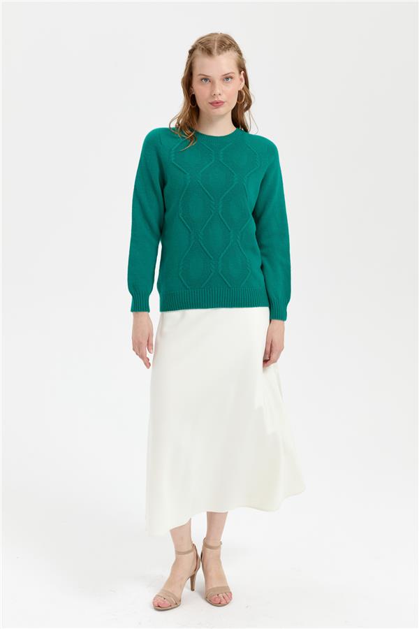 Kadın Sıfır Yaka Dikişsiz Önü Baklavalı Yün Kazak A.Ö.Başı