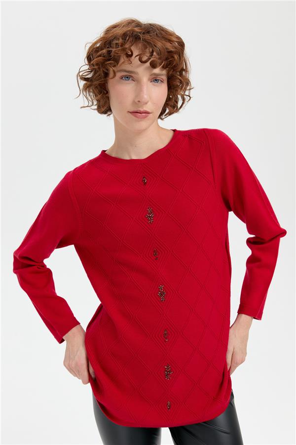 Kadın Sıfır Yaka Dikişsiz Önü Baklavalı Kazak K.Kırmızı