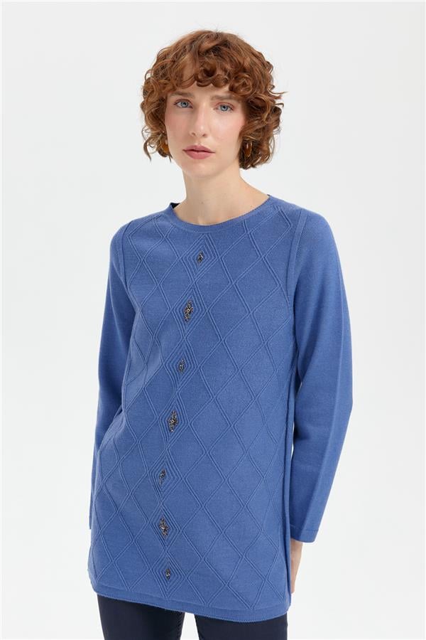 Kadın Sıfır Yaka Dikişsiz Önü Baklavalı Kazak İndigo