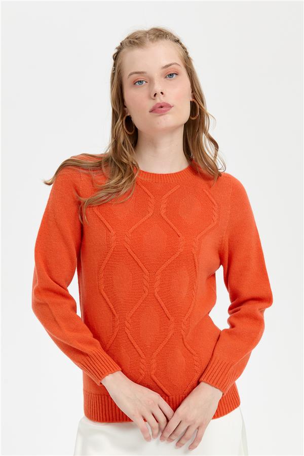 Kadın Sıfır Yaka Dikişsiz Önü Baklavalı Yün Kazak Portakal