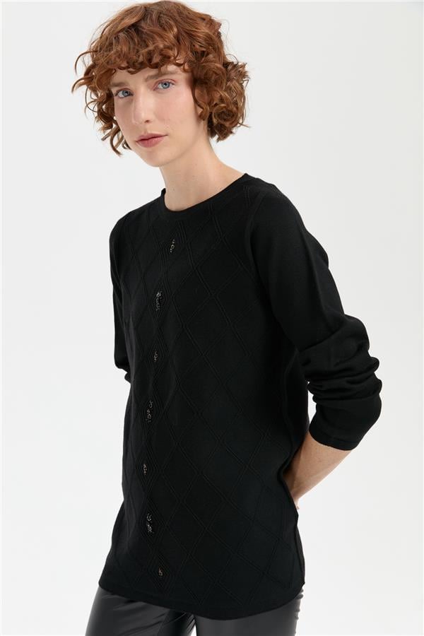 Kadın Sıfır Yaka Dikişsiz Önü Baklavalı Kazak Siyah