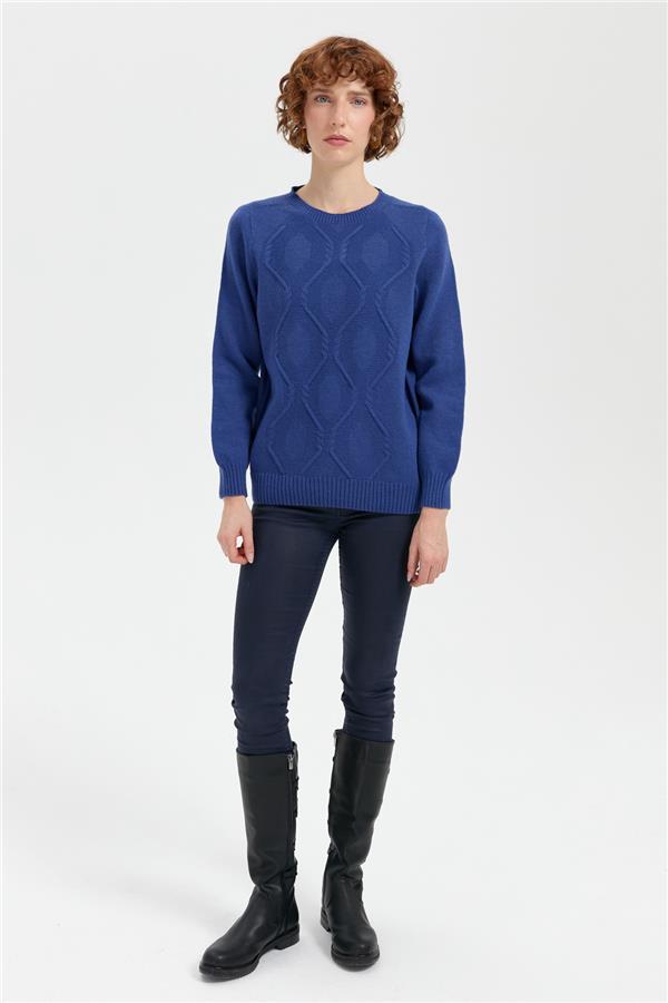 Kadın Sıfır Yaka Dikişsiz Önü Baklavalı Yün Kazak Mavi