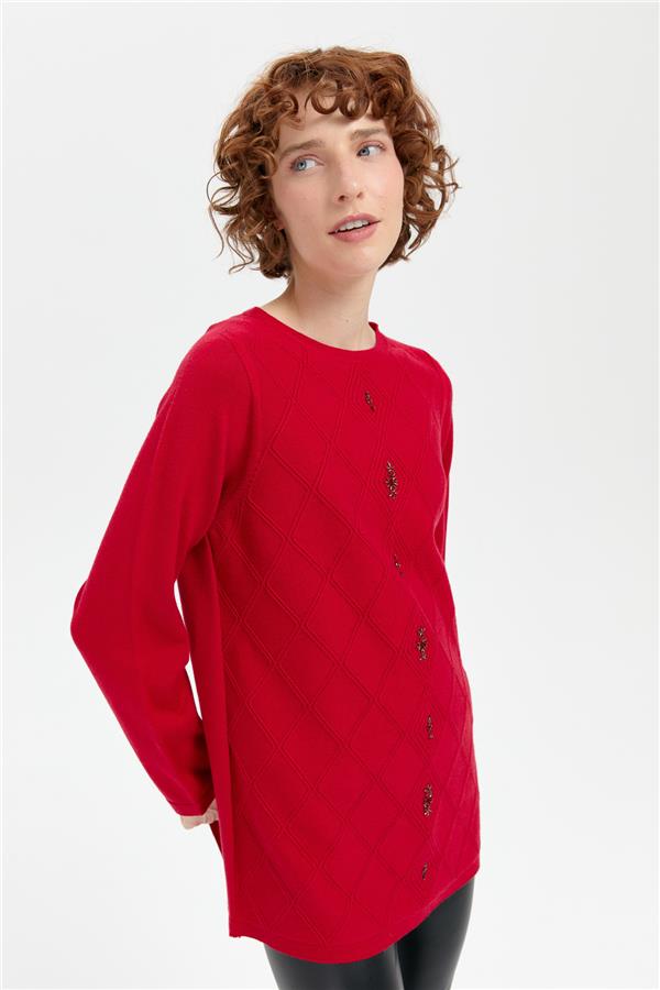 Kadın Sıfır Yaka Dikişsiz Önü Baklavalı Kazak K.Kırmızı