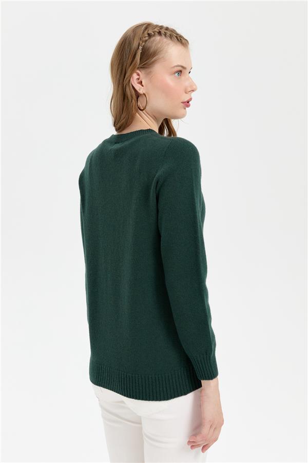 Kadın Sıfır Yaka Dikişsiz Önü Baklavalı Yün Kazak Yeşil