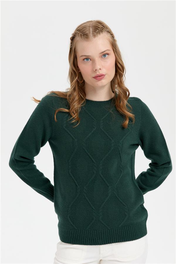 Kadın Sıfır Yaka Dikişsiz Önü Baklavalı Yün Kazak Yeşil