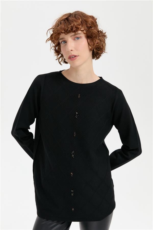 Kadın Sıfır Yaka Dikişsiz Önü Baklavalı Kazak Siyah