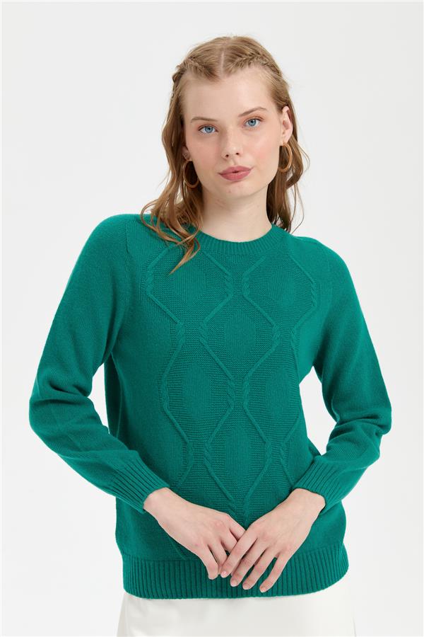 Kadın Sıfır Yaka Dikişsiz Önü Baklavalı Yün Kazak A.Ö.Başı