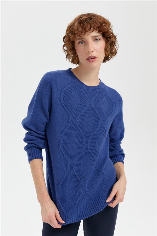 Kadın Sıfır Yaka Dikişsiz Önü Baklavalı Yün Kazak Mavi