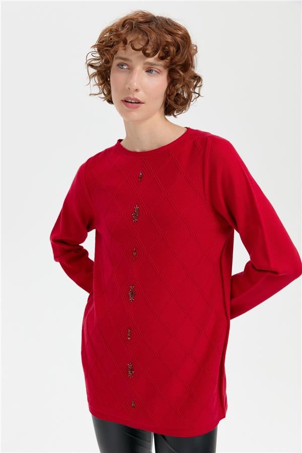 Kadın Sıfır Yaka Dikişsiz Önü Baklavalı Kazak K.Kırmızı