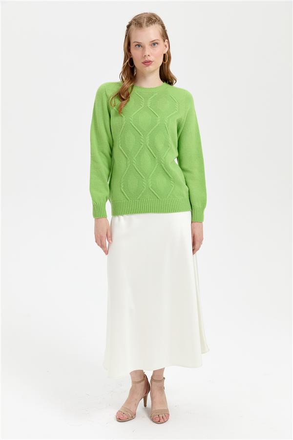 Kadın Sıfır Yaka Dikişsiz Önü Baklavalı Yün Kazak A.E.Yeşili