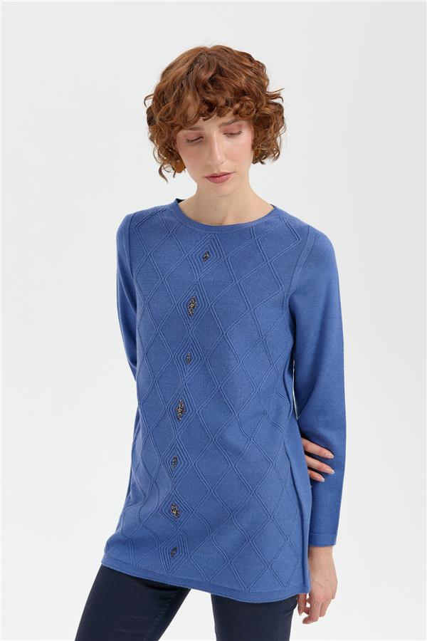 Kadın Sıfır Yaka Dikişsiz Önü Baklavalı Kazak İndigo