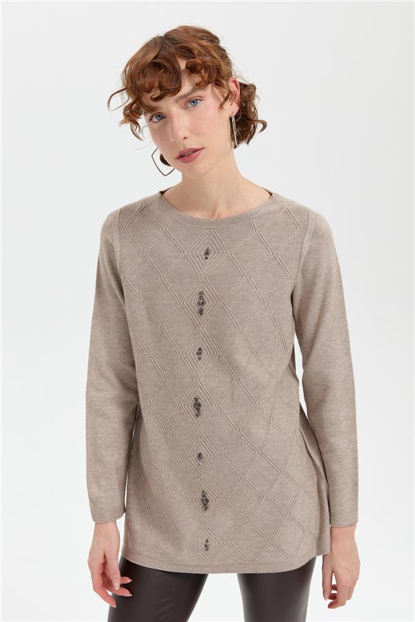 Kadın Sıfır Yaka Dikişsiz Önü Baklavalı Kazak Vizon