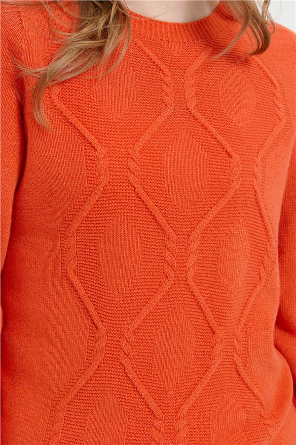 Kadın Sıfır Yaka Dikişsiz Önü Baklavalı Yün Kazak Portakal