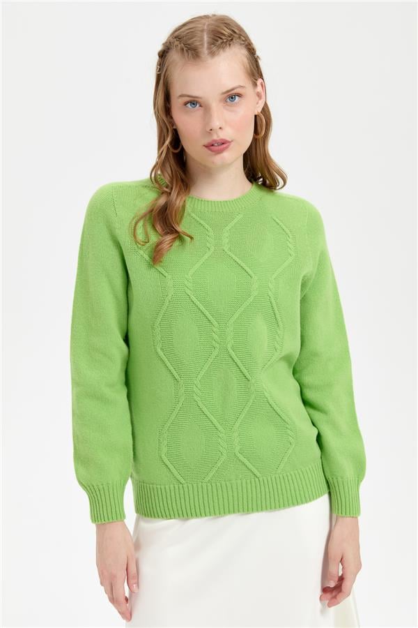 Kadın Sıfır Yaka Dikişsiz Önü Baklavalı Yün Kazak A.E.Yeşili