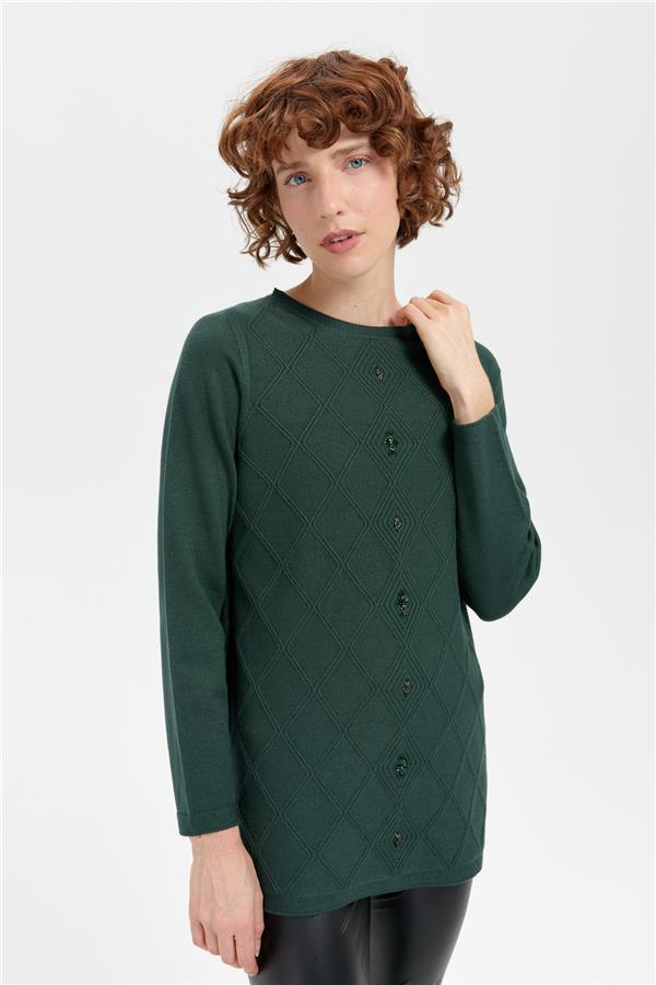 Kadın Sıfır Yaka Dikişsiz Önü Baklavalı Kazak Yeşil