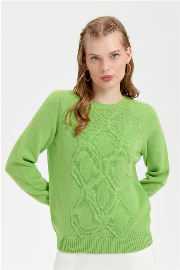 Kadın Sıfır Yaka Dikişsiz Önü Baklavalı Yün Kazak A.E.Yeşili