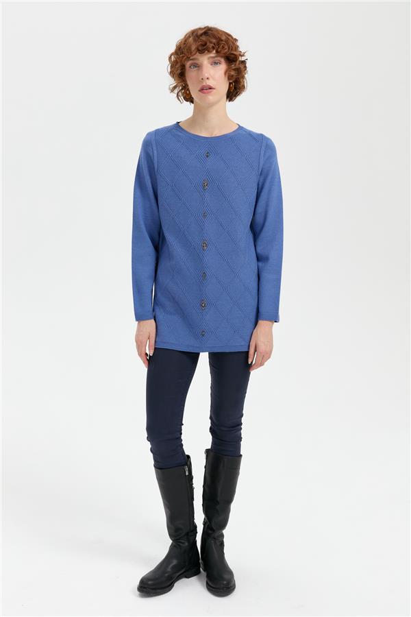 Kadın Sıfır Yaka Dikişsiz Önü Baklavalı Kazak İndigo