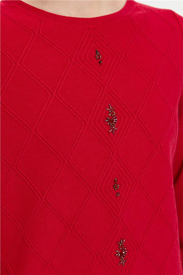 Kadın Sıfır Yaka Dikişsiz Önü Baklavalı Kazak K.Kırmızı