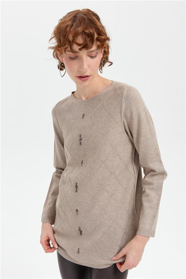 Kadın Sıfır Yaka Dikişsiz Önü Baklavalı Kazak Vizon