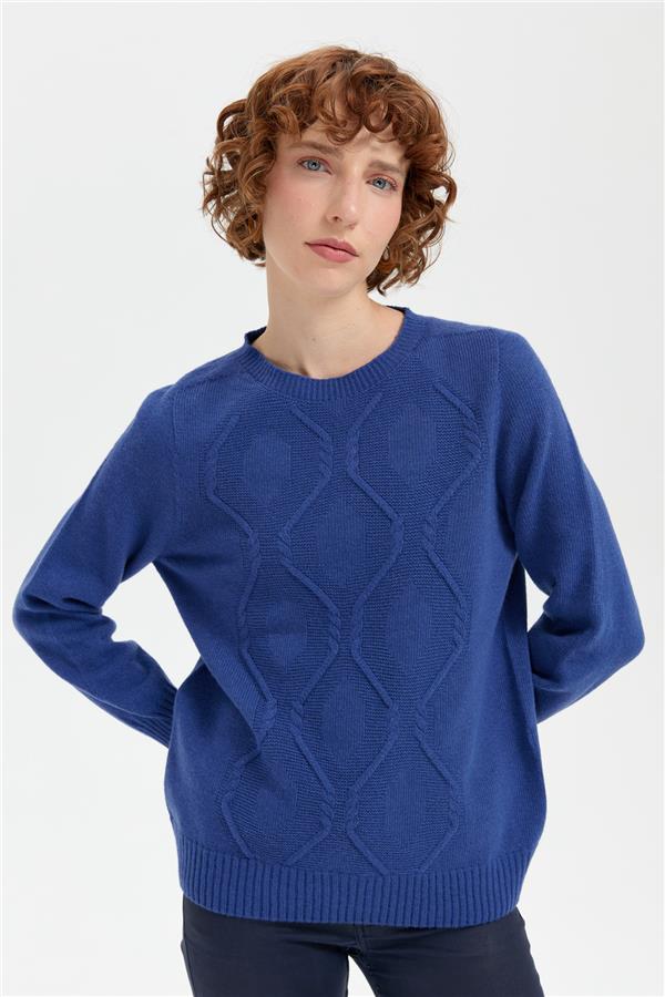 Kadın Sıfır Yaka Dikişsiz Önü Baklavalı Yün Kazak Mavi