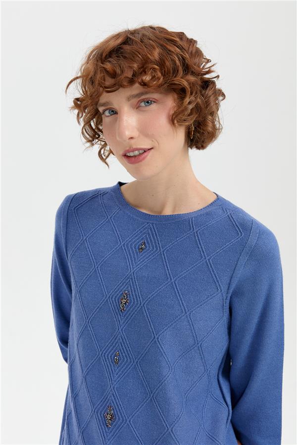 Kadın Sıfır Yaka Dikişsiz Önü Baklavalı Kazak İndigo