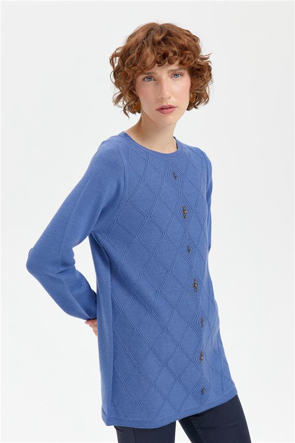 Kadın Sıfır Yaka Dikişsiz Önü Baklavalı Kazak İndigo