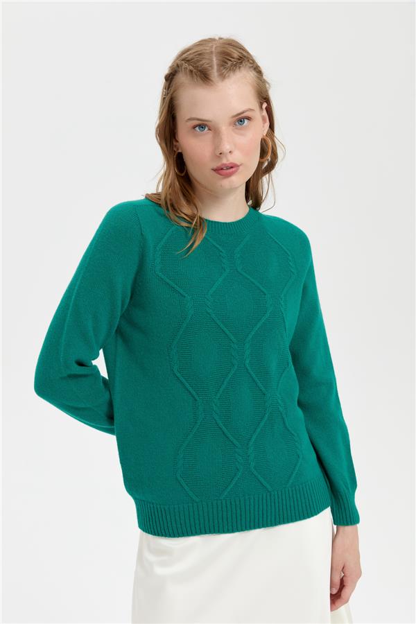 Kadın Sıfır Yaka Dikişsiz Önü Baklavalı Yün Kazak A.Ö.Başı