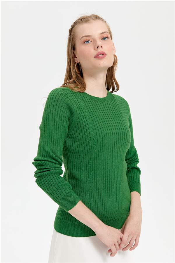 Kadın Sıfır Yaka Dikişsiz Önü Desenli Kazak K.Yosun