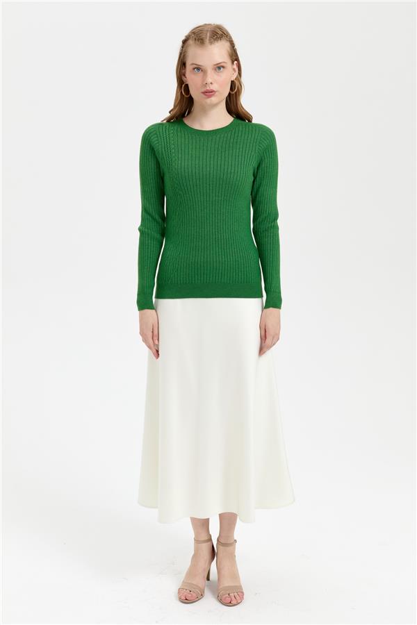 Kadın Sıfır Yaka Dikişsiz Önü Desenli Kazak K.Yosun