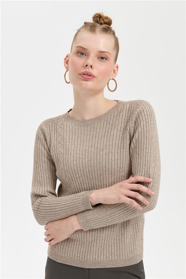 Kadın Sıfır Yaka Dikişsiz Önü Desenli Kazak Vizon