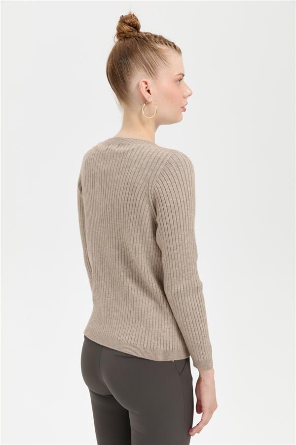 Kadın Sıfır Yaka Dikişsiz Önü Desenli Kazak Vizon