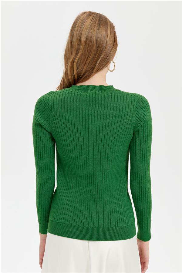 Kadın Sıfır Yaka Dikişsiz Önü Desenli Kazak K.Yosun