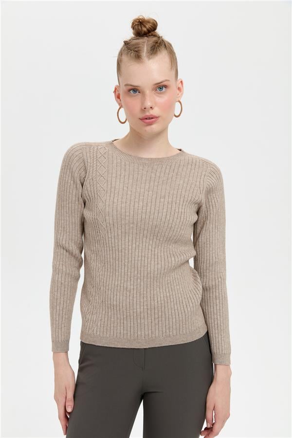 Kadın Sıfır Yaka Dikişsiz Önü Desenli Kazak Vizon